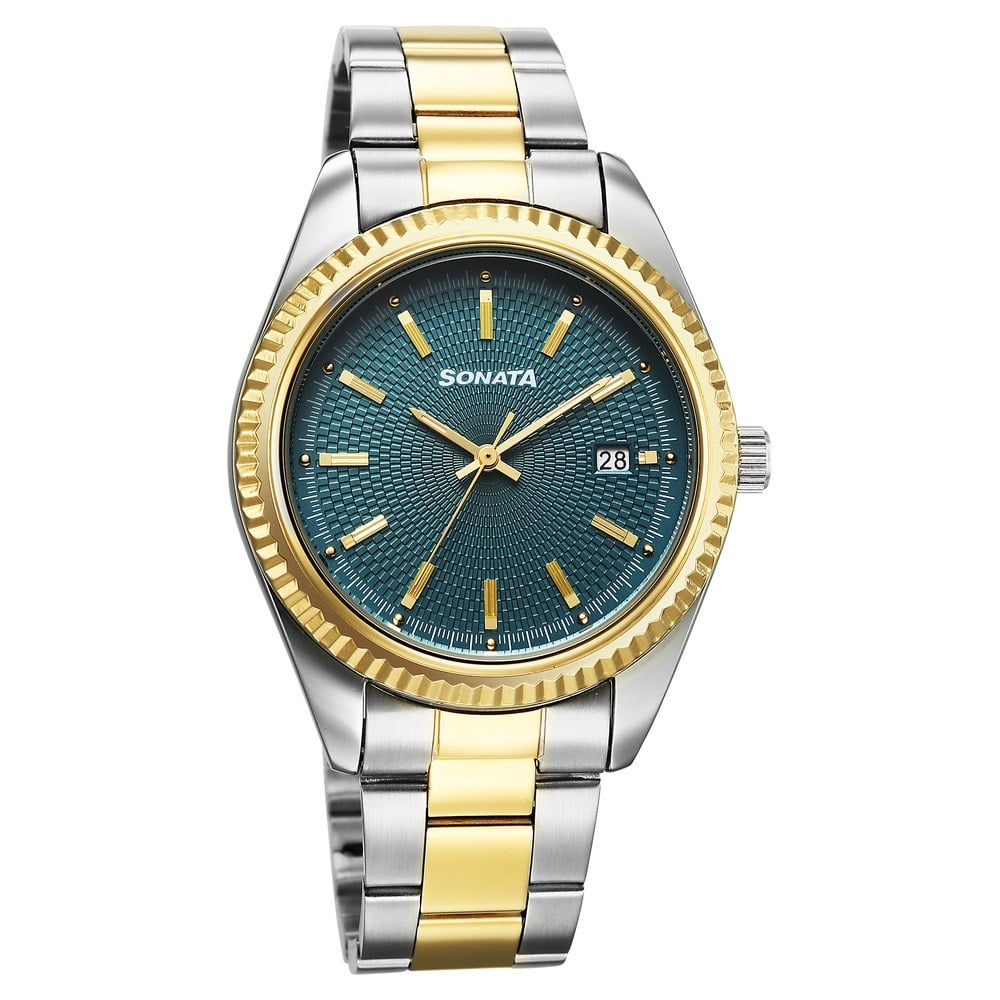 Sonata Festive Quartz Analog with Date Teal Dial Metal Strap Watch For Men image 1