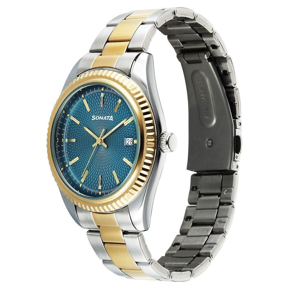 Sonata Festive Quartz Analog with Date Teal Dial Metal Strap Watch For Men image 2