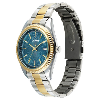 Sonata Festive Quartz Analog with Date Teal Dial Metal Strap Watch For Men image 2