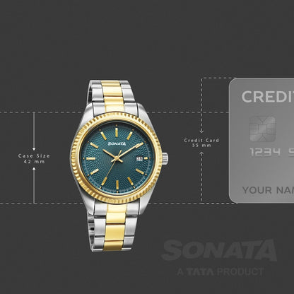 Sonata Festive Quartz Analog with Date Teal Dial Metal Strap Watch For Men image 4