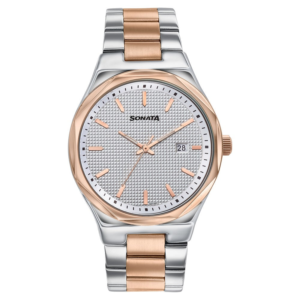Sonata Jashn Quartz Analog White Dial Two Toned Metal Strap Watch For Men Style 77205KM01 image 1