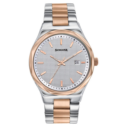 Sonata Jashn Quartz Analog White Dial Two Toned Metal Strap Watch For Men Style 77205KM01 image 1