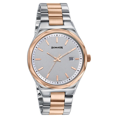 Sonata Jashn Quartz Analog White Dial Two Toned Metal Strap Watch For Men Style 77205KM01 image 2