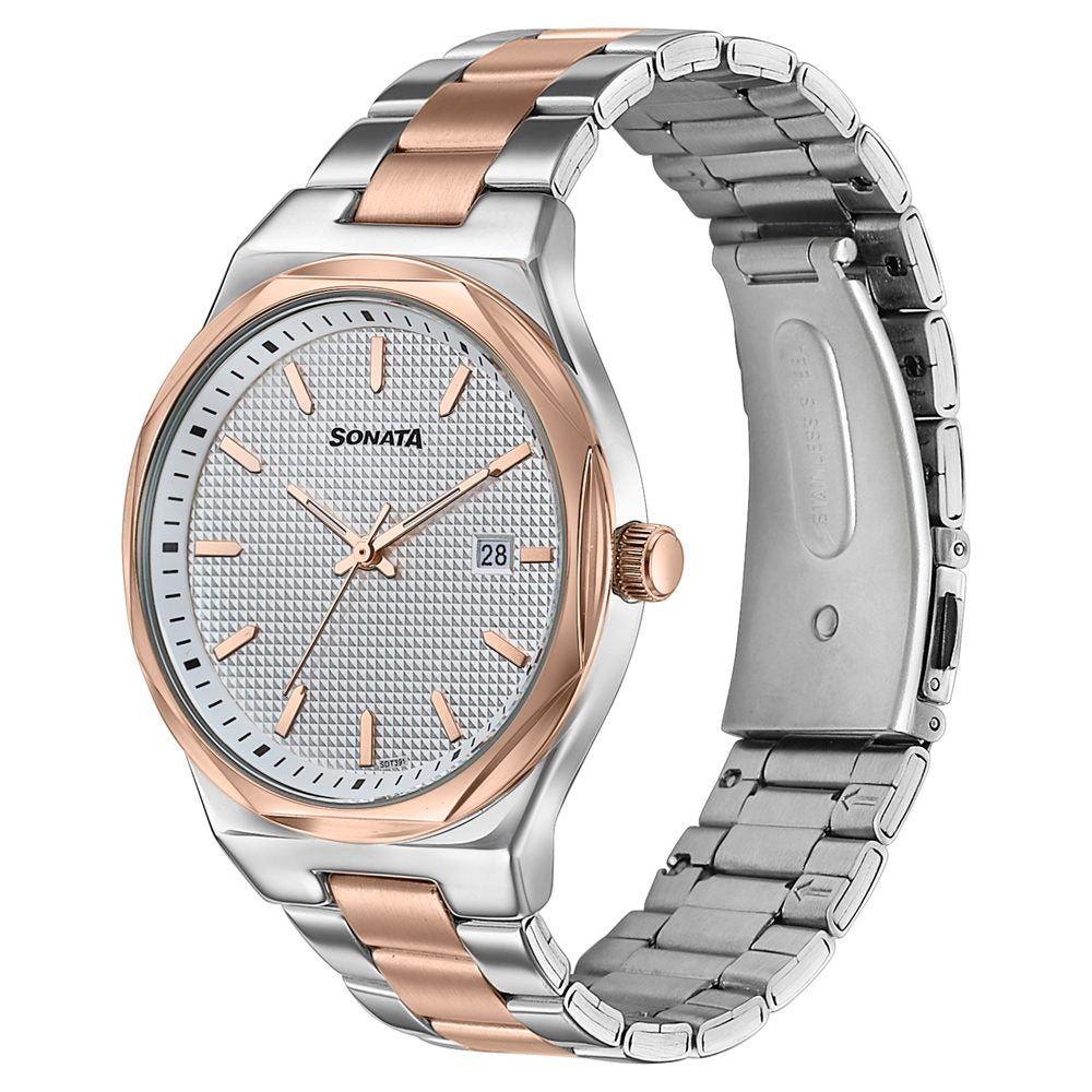 Sonata Jashn Quartz Analog White Dial Two Toned Metal Strap Watch For Men Style 77205KM01 image 3