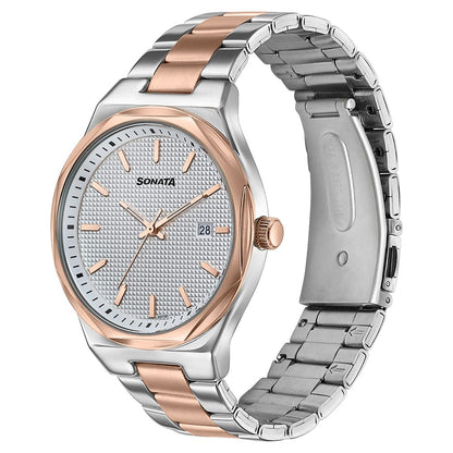 Sonata Jashn Quartz Analog White Dial Two Toned Metal Strap Watch For Men Style 77205KM01 image 3