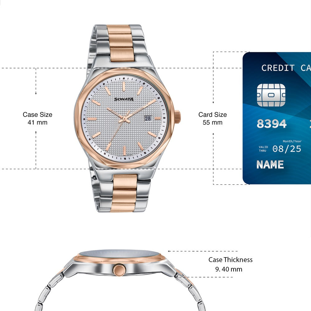 Sonata Jashn Quartz Analog White Dial Two Toned Metal Strap Watch For Men Style 77205KM01 image 4