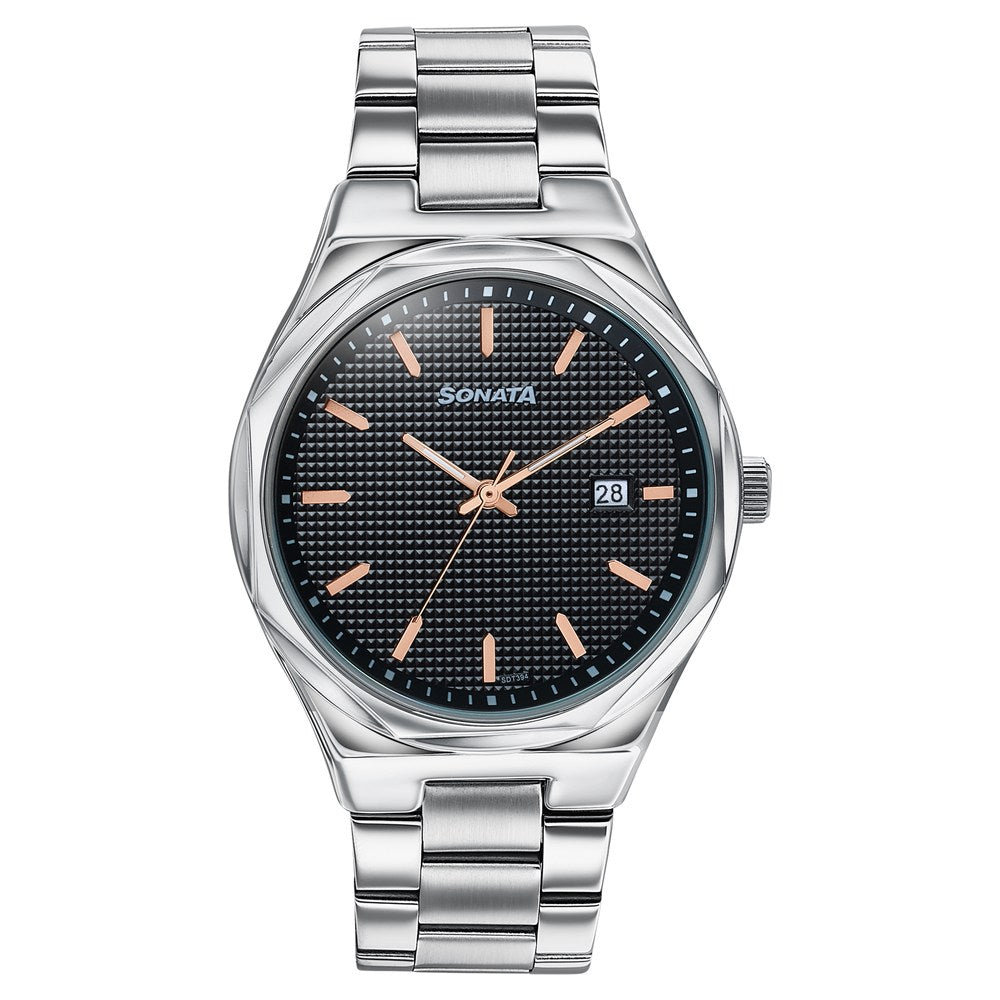 Sonata Jashn Quartz Analog Black Dial Silver Metal Strap Watch For Men image 1