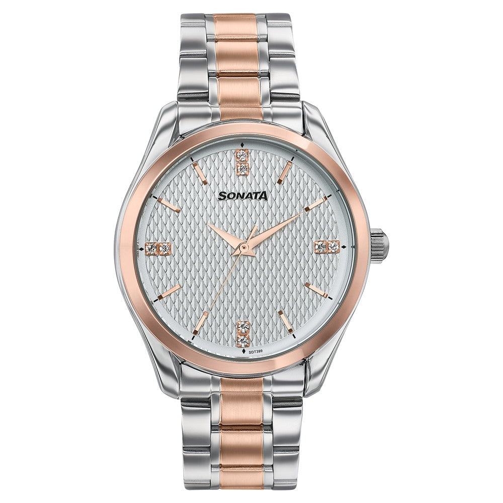 Sonata Jashn Quartz Analog White Dial Two Toned Metal Strap Watch For Men Style 77206KM02 image 1