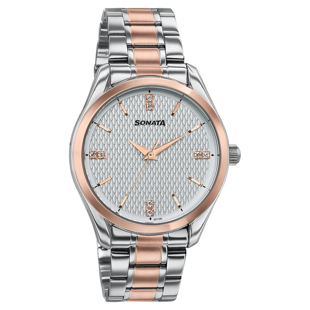 Sonata Jashn Quartz Analog White Dial Two Toned Metal Strap Watch For Men Style 77206KM02 image 2