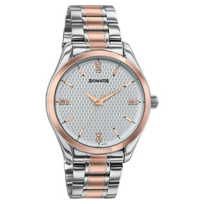 Sonata Jashn Quartz Analog White Dial Two Toned Metal Strap Watch For Men Style 77206KM02 image 2