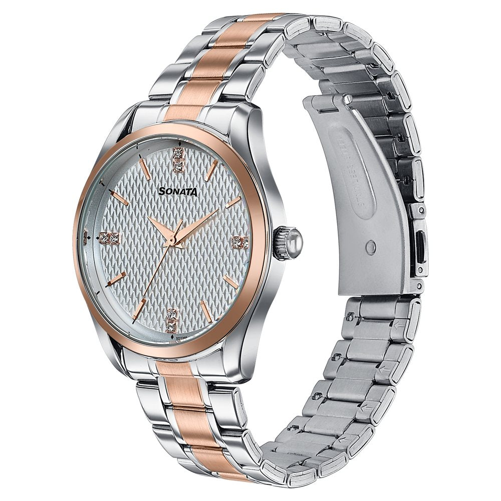 Sonata Jashn Quartz Analog White Dial Two Toned Metal Strap Watch For Men Style 77206KM02 image 3