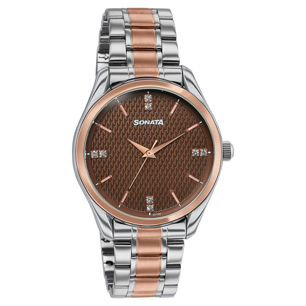 Sonata Jashn Quartz Analog Brown Dial Two Toned Metal Strap Watch For Men image 2