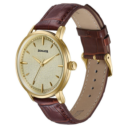 Sonata Jashn Quartz Analog Golden Dial Brown Leather Strap Watch For Men image 3