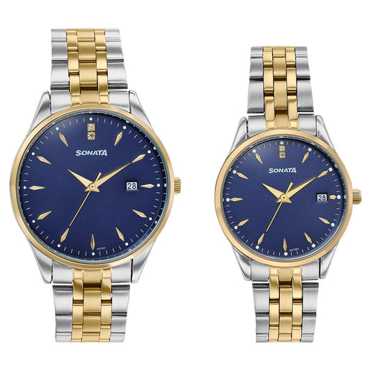 Sonata Jashn Quartz Analog Blue Dial Two Toned Metal Strap Watch For Couple image 1