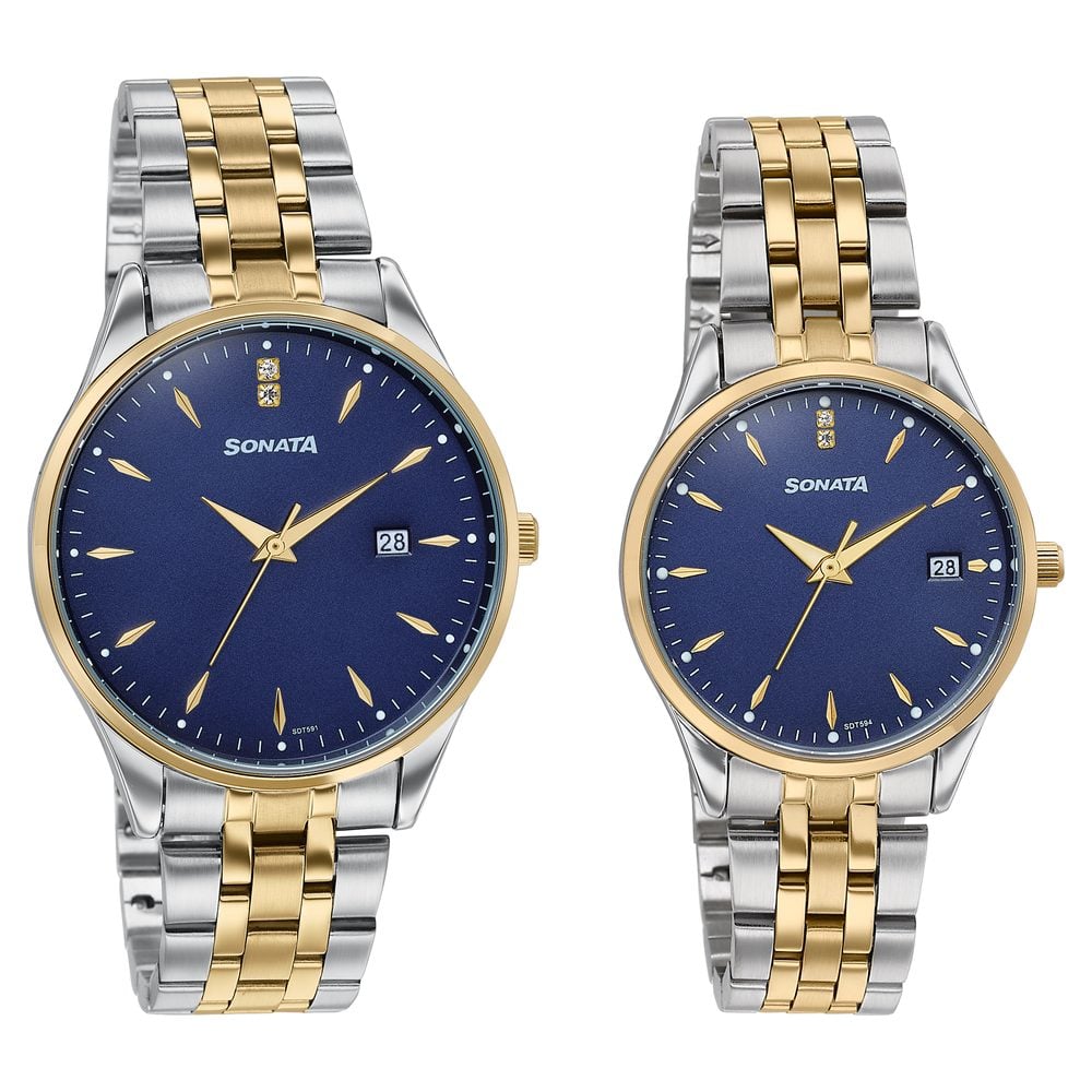 Sonata Jashn Quartz Analog Blue Dial Two Toned Metal Strap Watch For Couple image 2