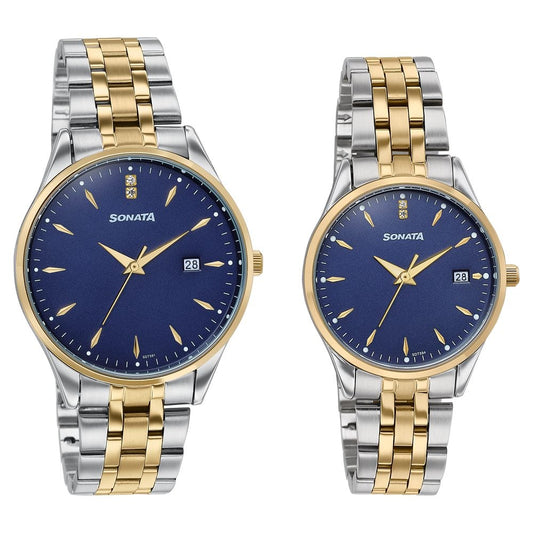 Sonata Jashn Quartz Analog Blue Dial Two Toned Metal Strap Watch For Couple image 2