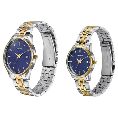 Sonata Jashn Quartz Analog Blue Dial Two Toned Metal Strap Watch For Couple image 3