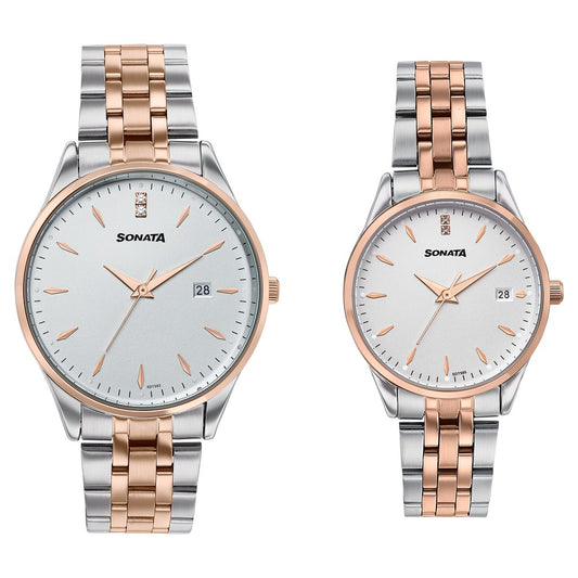 Sonata Jashn Quartz Analog White Dial Two Toned Metal Strap Watch For Couple image 1