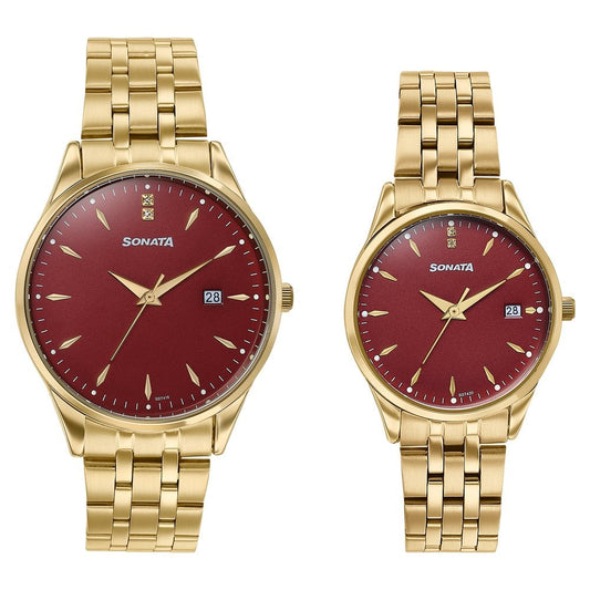 Sonata Jashn Quartz Analog Red Dial Golden Metal Strap Watch For Couple image 1
