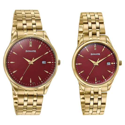 Sonata Jashn Quartz Analog Red Dial Golden Metal Strap Watch For Couple image 2