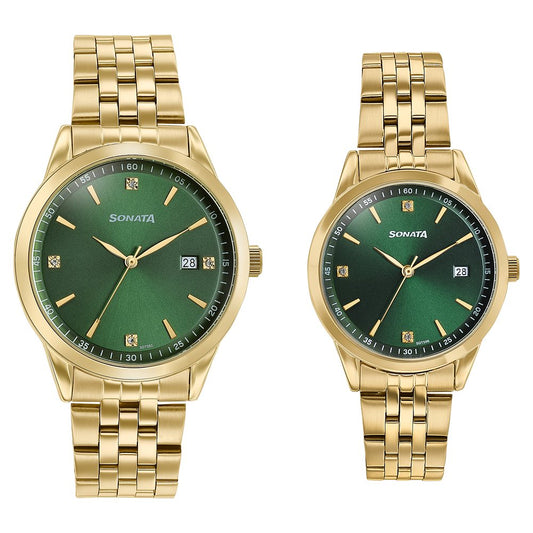 Sonata Jashn Quartz Analog Green Dial Golden Metal Strap Watch For Couple image 1