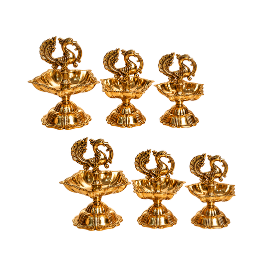 Mahita Collections Brass Peacock Diya Set in Three Sizes