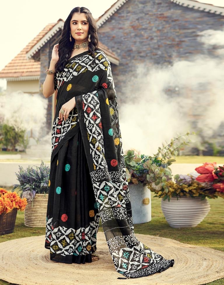 Sudathi Ready To Wear Black Printed Cotton Saree