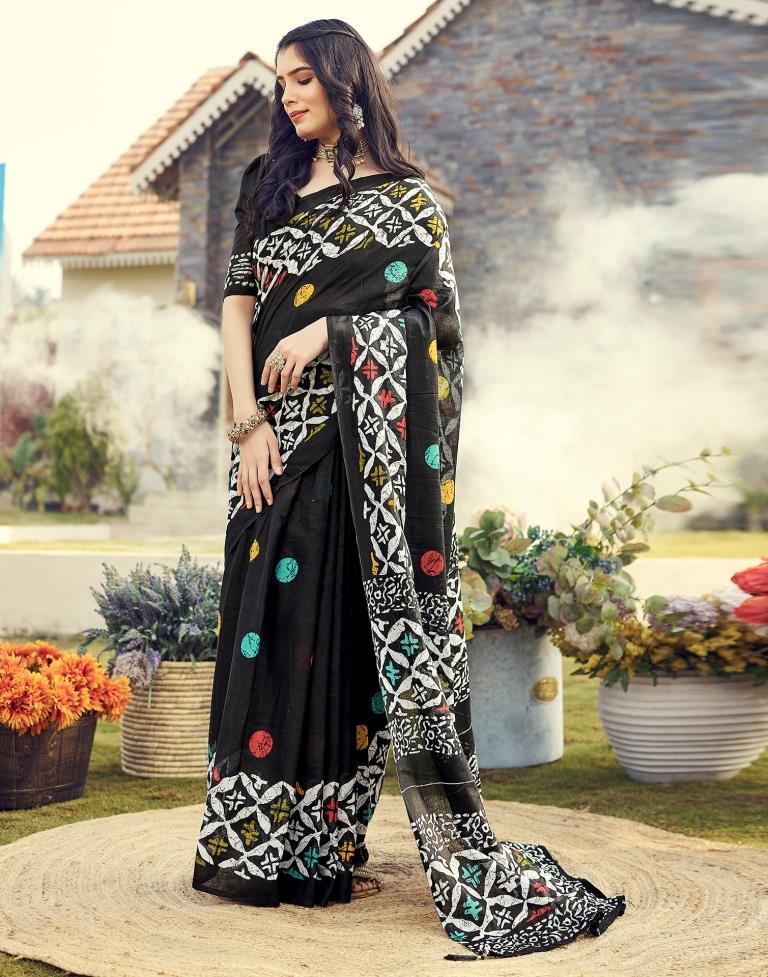 Sudathi Ready To Wear Black Printed Cotton Saree - PUSHMYCART