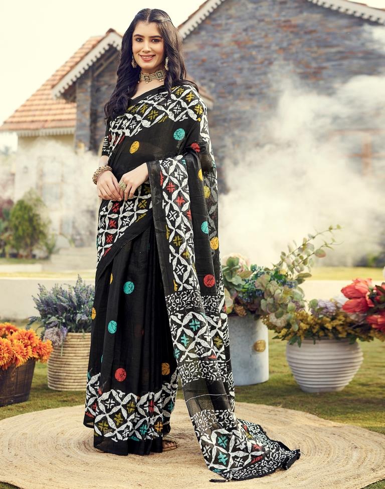 Sudathi Ready To Wear Black Printed Cotton Saree - PUSHMYCART