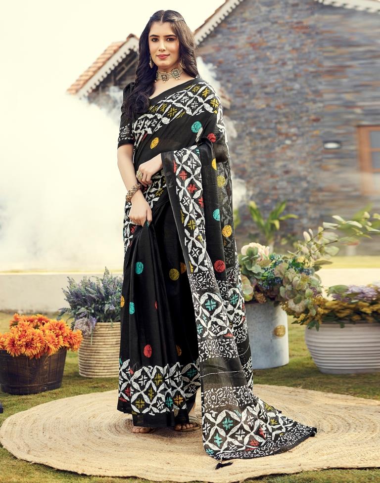 Sudathi Ready To Wear Black Printed Cotton Saree - PUSHMYCART