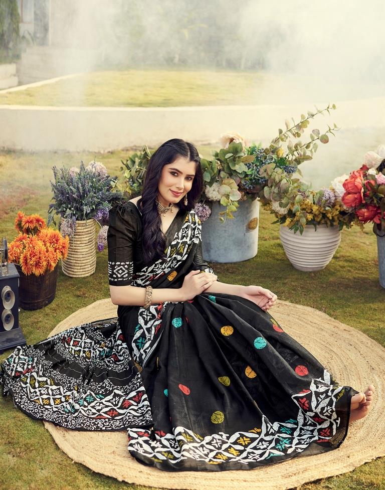 Sudathi Ready To Wear Black Printed Cotton Saree - PUSHMYCART