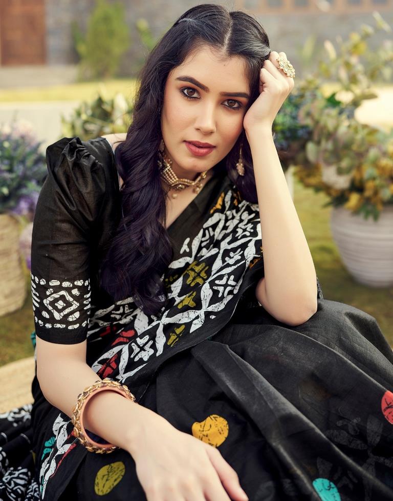 Sudathi Ready To Wear Black Printed Cotton Saree - PUSHMYCART