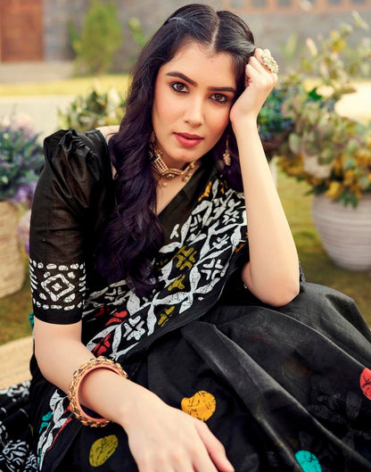 Sudathi Ready To Wear Black Printed Cotton Saree - PUSHMYCART