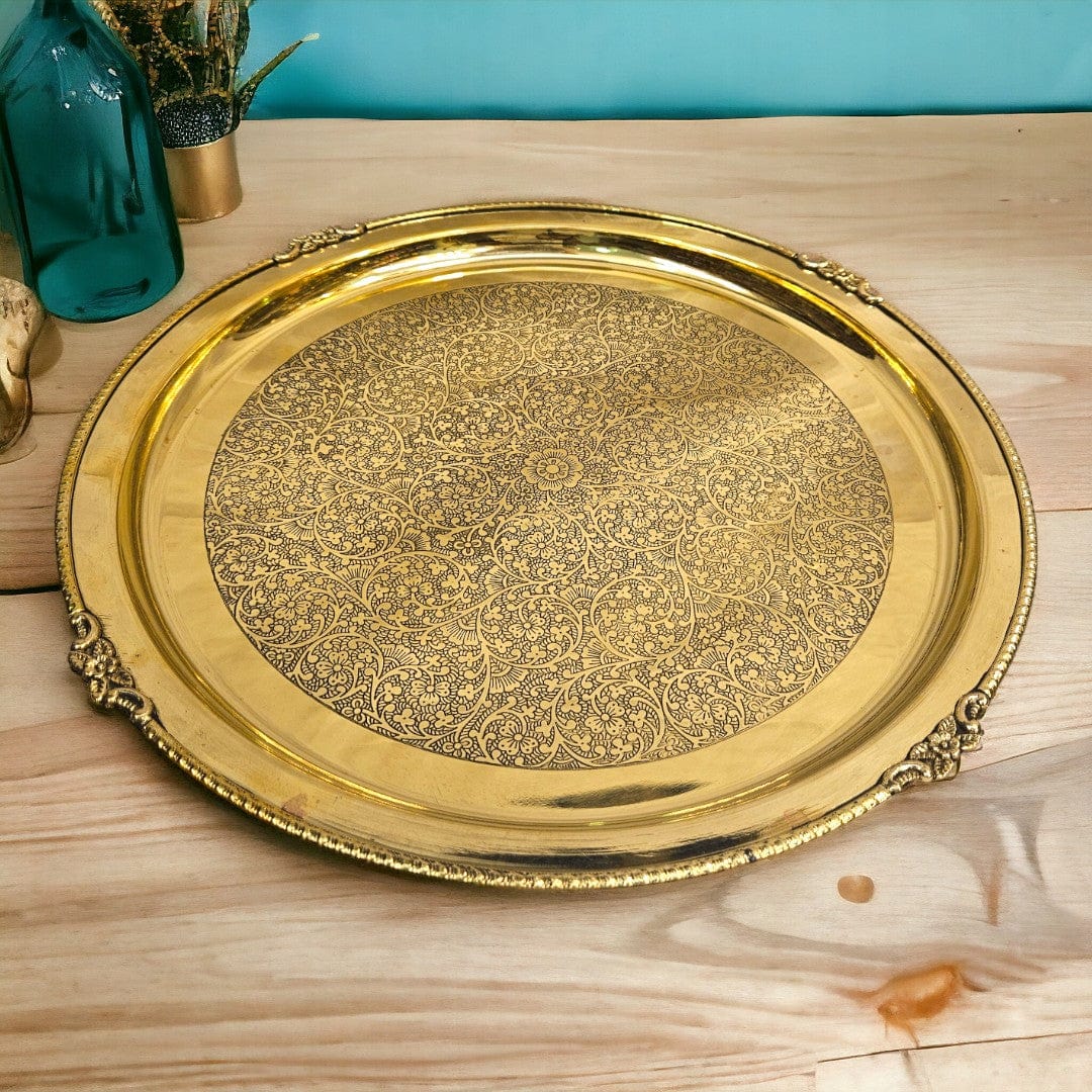 Tamas Brass Handmade Round Traditional Vintage Floral Serving Tray - PUSHMYCART