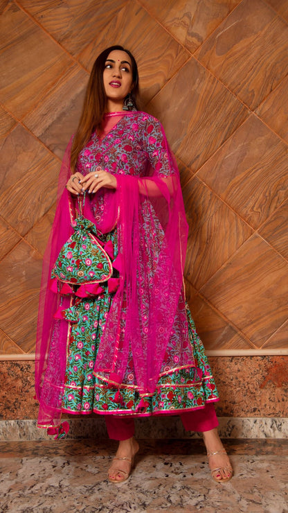 Surangi Kalidar Taaj Cotton Hand Block Print Anarkali Set With Soft Net Dupatta