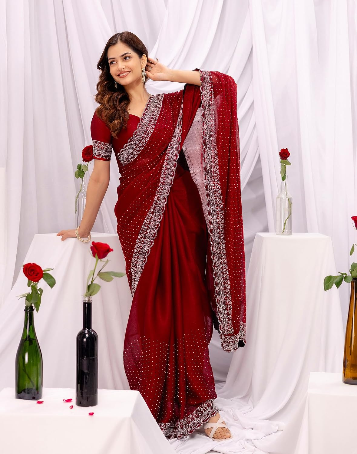 Vasthrlay Maroon Scalloped saree for ceremony and occasion wear