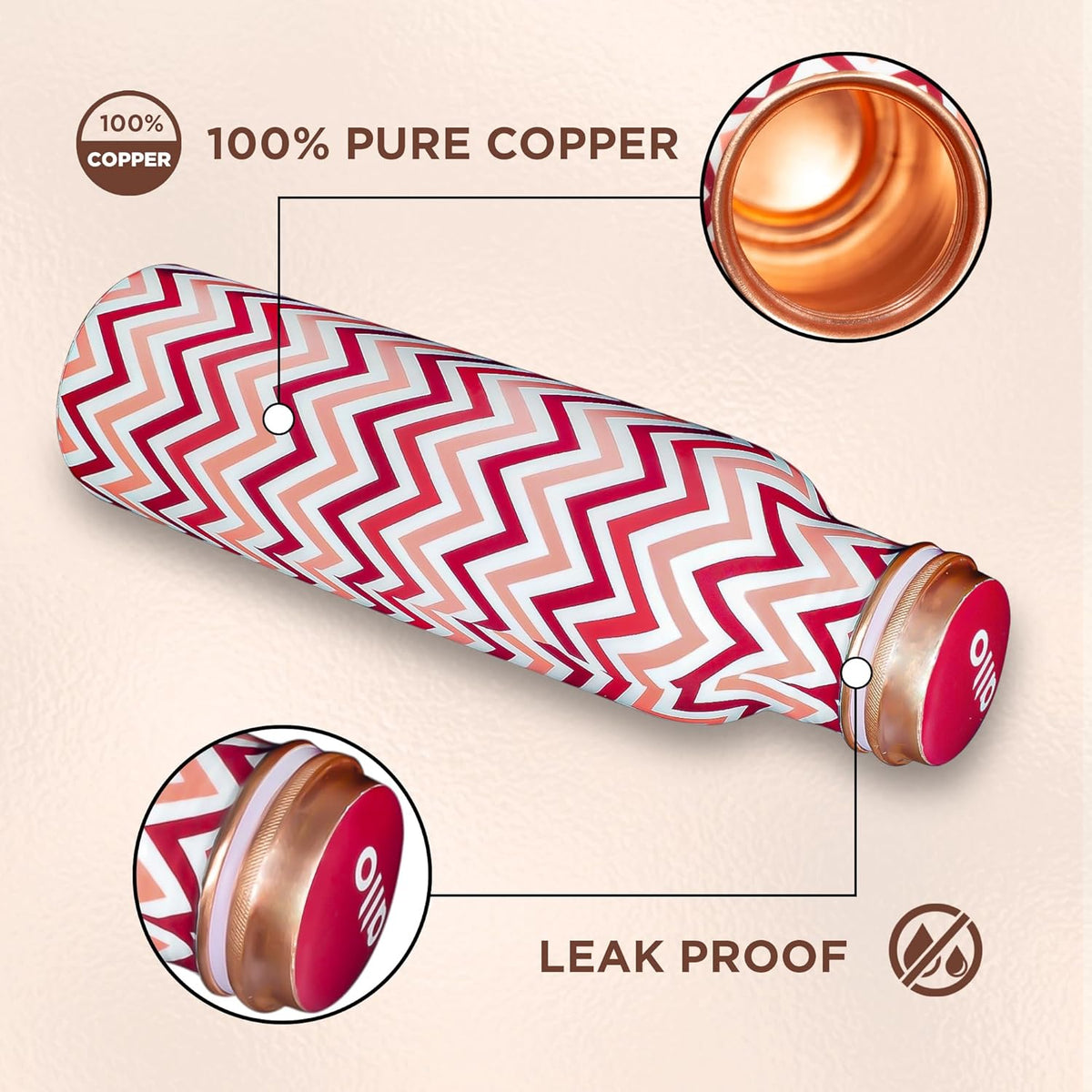 Copper Water Bottle 1 Litre Chevron Red
