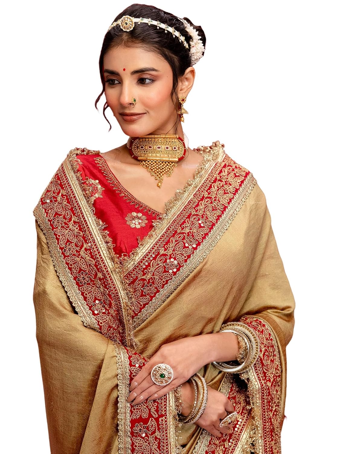 Vasthrlay Vichitra Embroidery Khaki Saree With Red Unstitched Blouse Piece