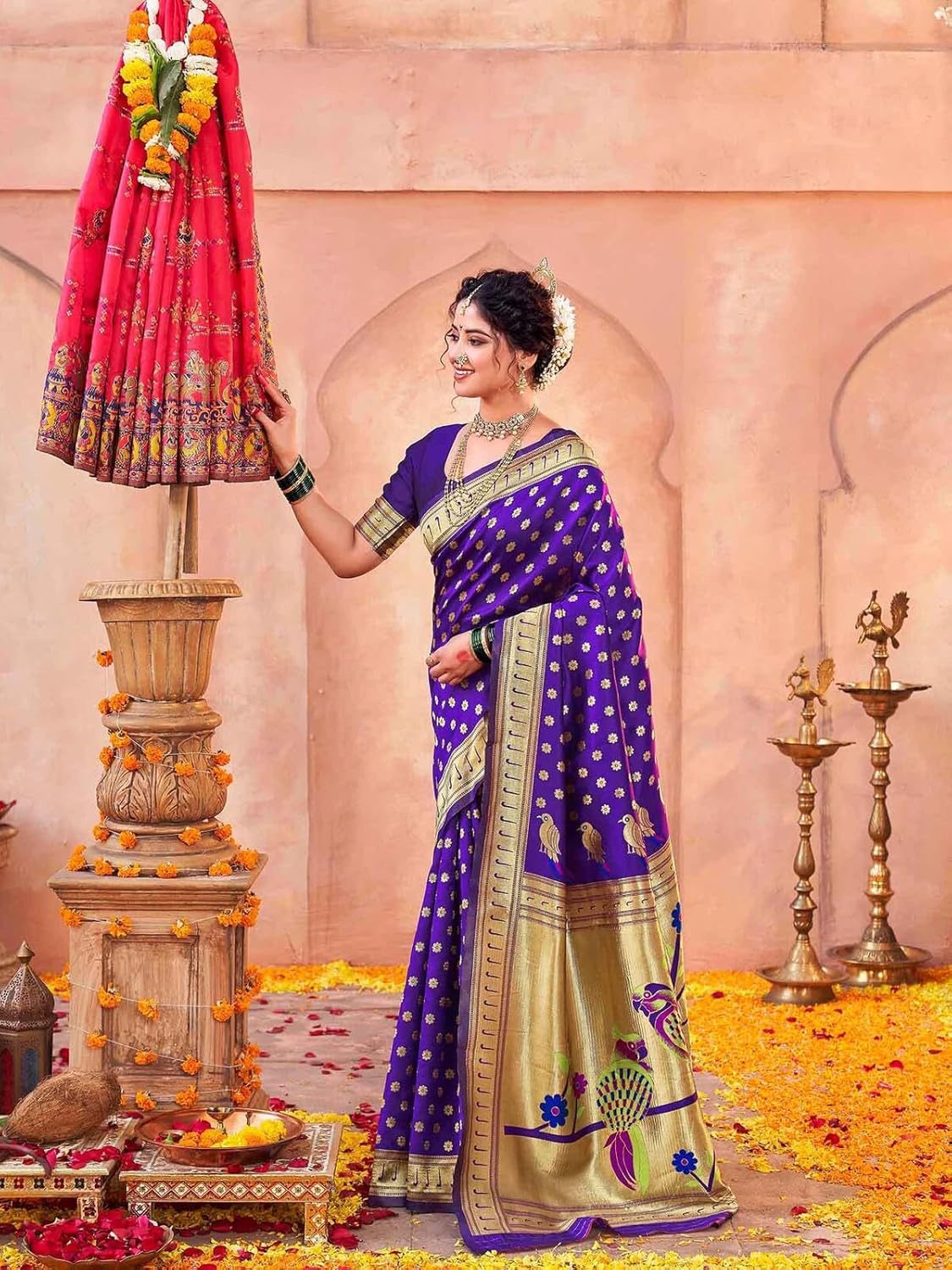 Vasthrlay Maroon Traditional Saree with elegant paithani styling