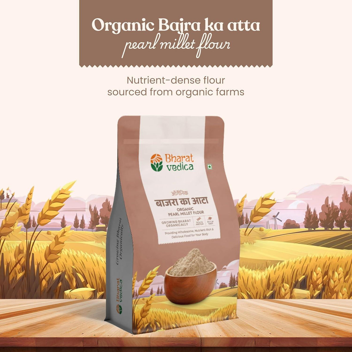 Bharat Vedica Organic Pearl Millet Flour (Bajra Atta) in a premium branded pouch, showcasing its natural texture. - Image 5