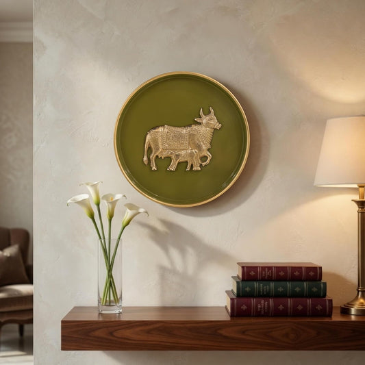 Behoma Kamdhenu Metal Wall Plate Olive Green and Gold 8.4 Inch