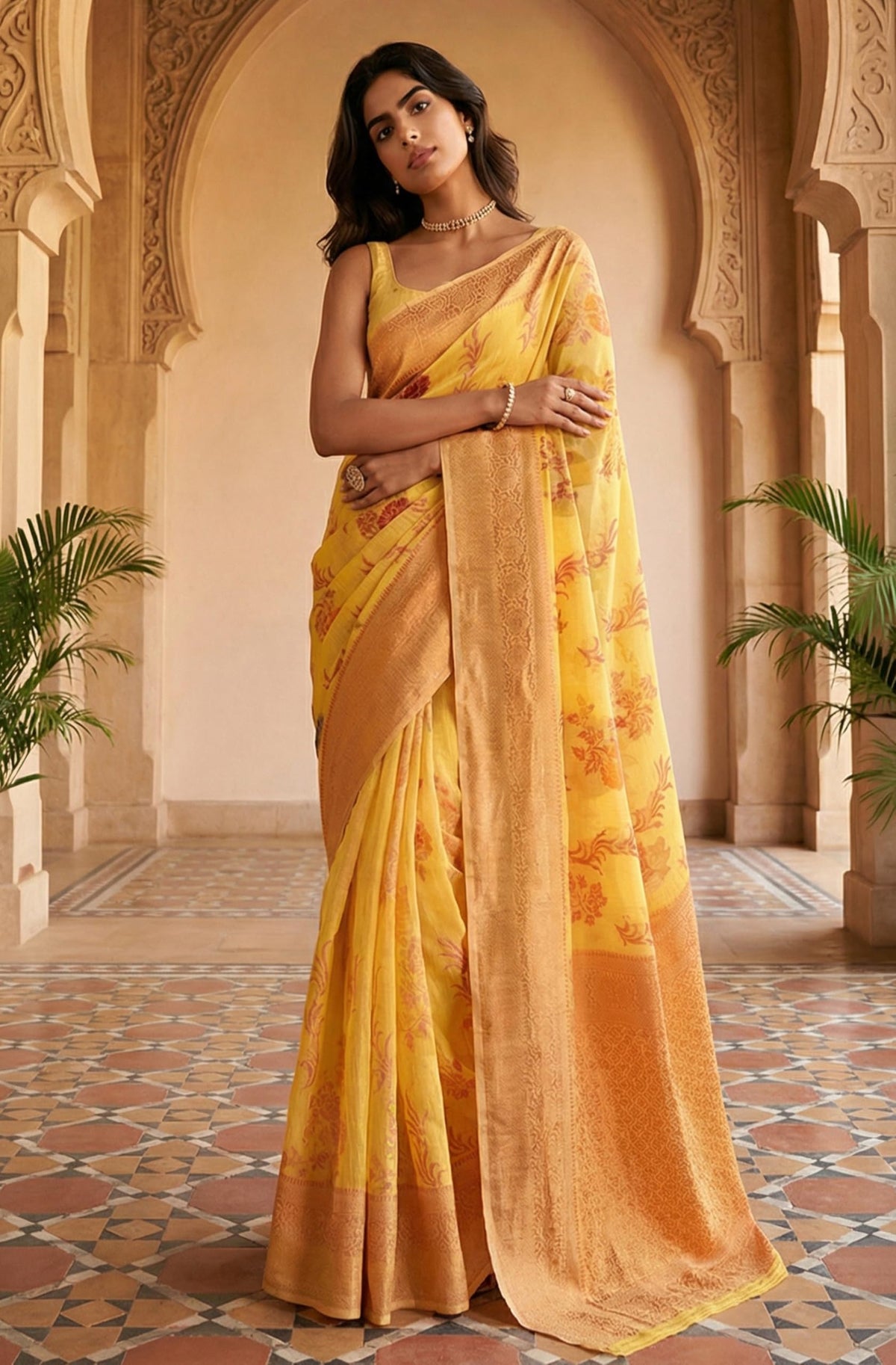 Vasthrlay Jacquard Yellow Saree with decorative floral design