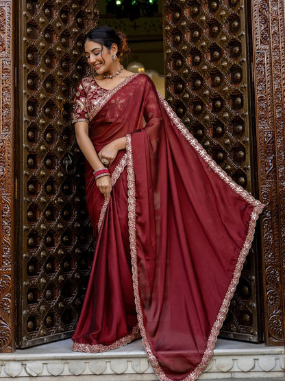 Vasthrlay Maroon saree with Sequins styling and ethnic look