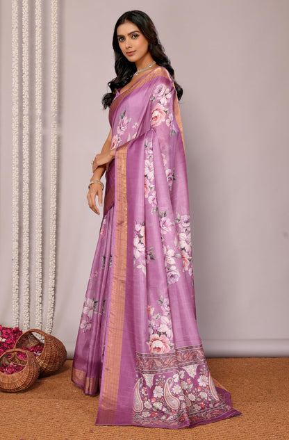 Vasthrlay Ethnic Purple Saree with decorative printed design