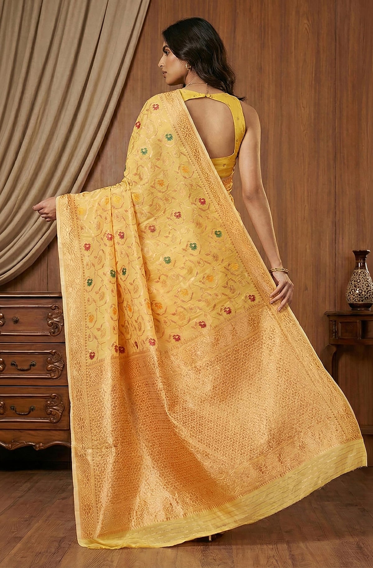 Vasthrlay Yellow Traditional Saree for wedding and party wear styling