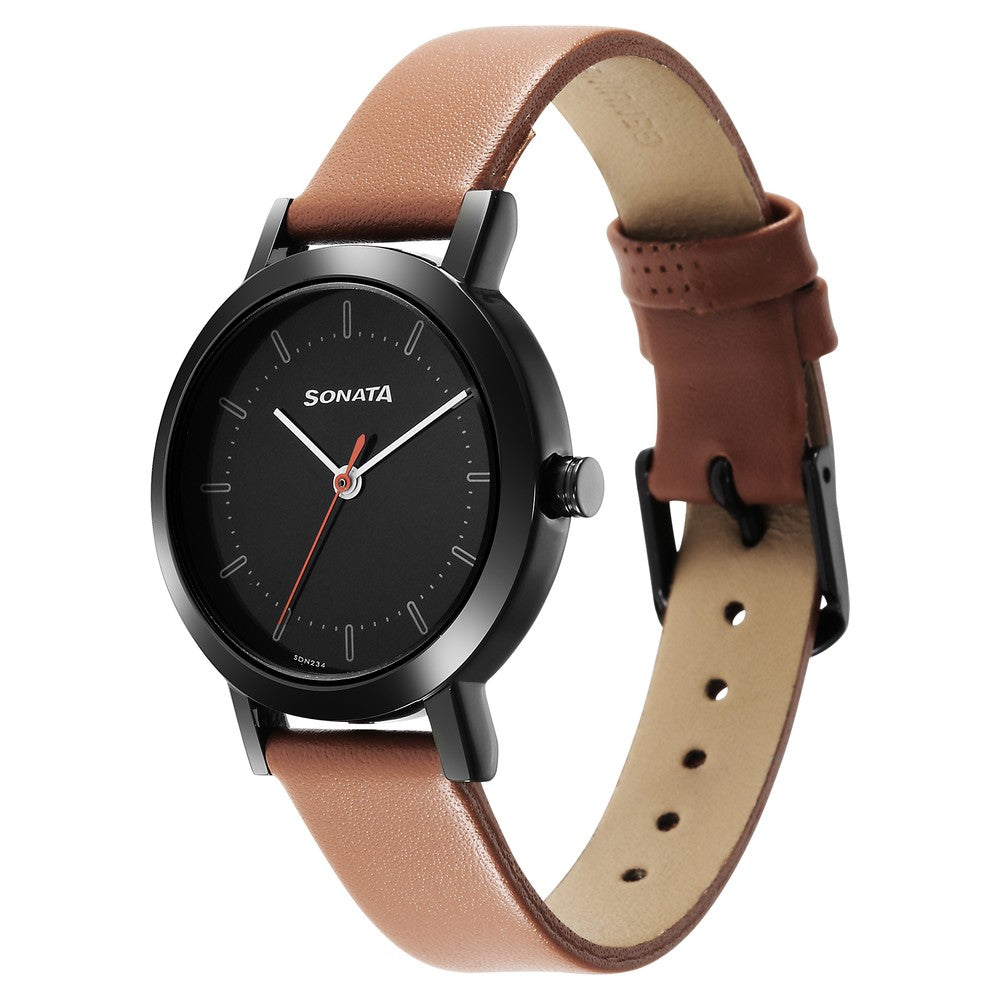 Sonata Essentials Black Dial Leather Strap Watch for Women image 2