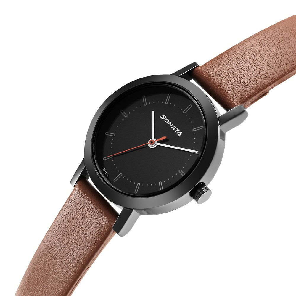 Sonata Essentials Black Dial Leather Strap Watch for Women image 3