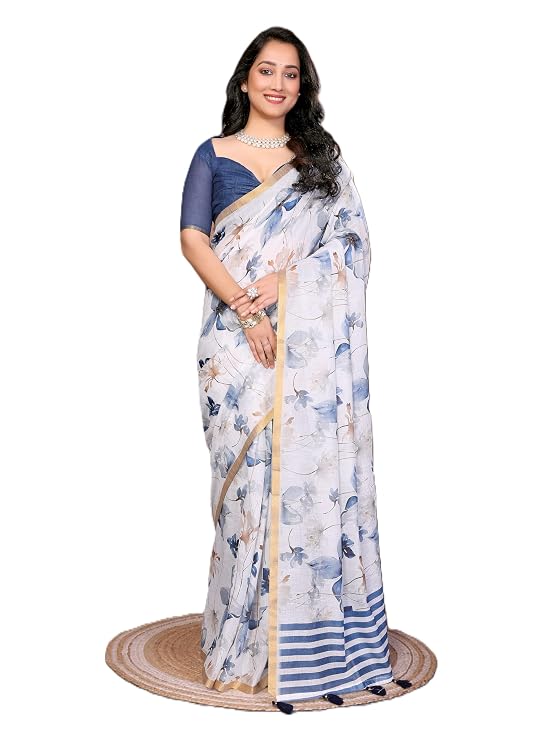 Vasthrlay White1 Floral Printed Design Linen Saree With Solid Unstitched Linen Blouse Piece