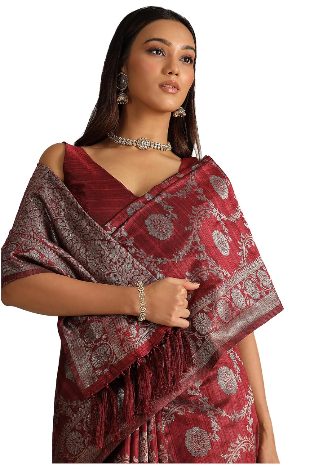 Vasthrlay Maroon Tussar Floral Saree for festive ethnic occasions