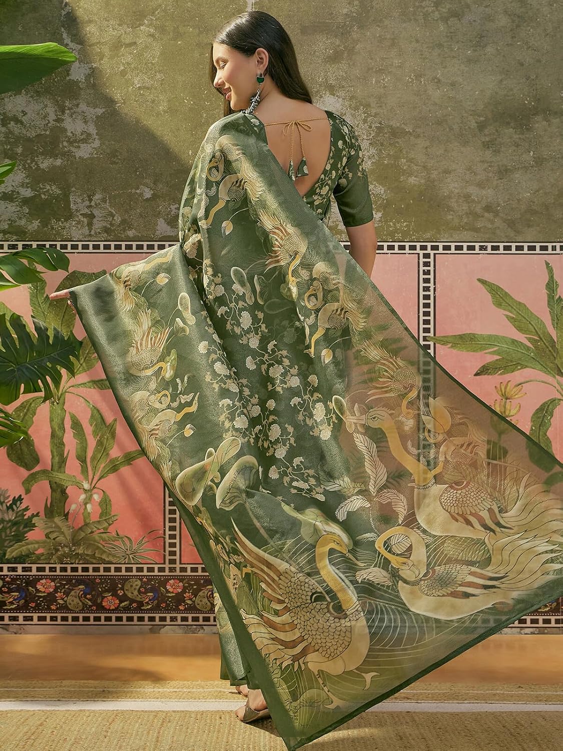 Vasthrlay Printed saree design in Lime Green traditional style